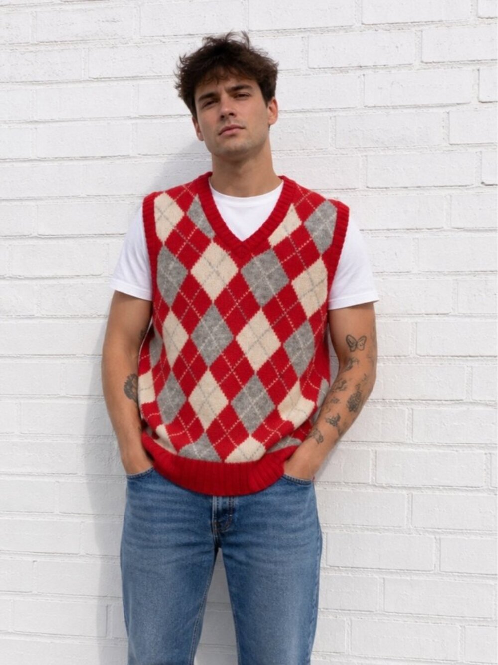 Vintage 90s Argyle Wool Sweater Vest Preppy Academia Golf Grandpa Mens Medium